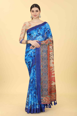 Divastri Printed Kalamkari Cotton Blend Saree(Blue)