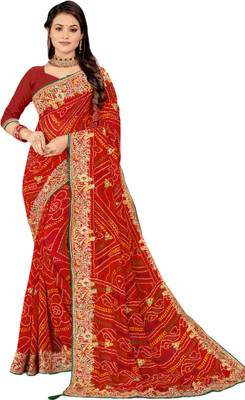 C P Vastralay Printed Bandhani Georgette Saree(Red, White)