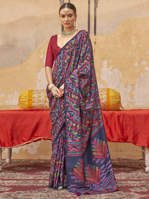 ANOUK Printed Hand Batik Silk Blend Saree(Black)