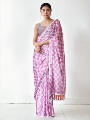 Tasrika Geometric Print Bollywood Silk Blend Saree(White, Pink)