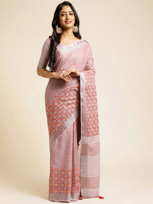 NEGRONI Printed Daily Wear Cotton Linen Saree(Pink, Red)