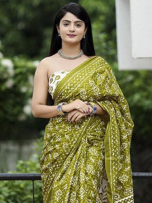 romakrishto Printed Hand Batik Pure Cotton Saree(Green)