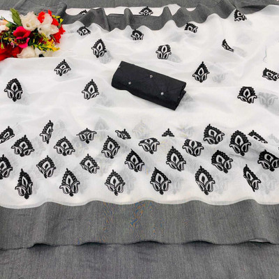 KRIVITY Floral Print Chanderi Cotton Linen Saree(Black)
