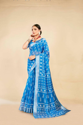 Ethnic Trendz Digital Print Saree with Attached Blouse Cotton Linen Saree(Light Blue)