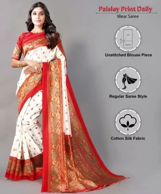 Grubstaker Printed Daily Wear Cotton Blend Saree(White)
