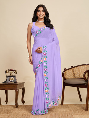 VISVASTA Woven, Self Design, Striped, Dyed, Printed, Embellished Bollywood Georgette Saree(Purple)