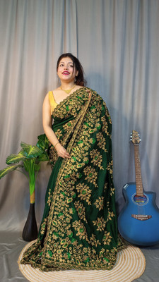 Dona Sharee Embroidered Bollywood Silk Blend Saree(Dark Green)