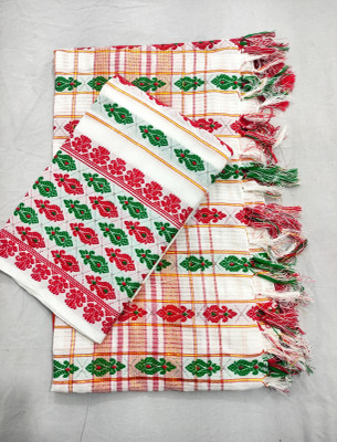 Mekhla Chador Temple Border Mekhela Chador Cotton Silk Saree(White)