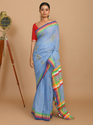 Indethnic Woven Jamdani Pure Cotton Saree(Blue)