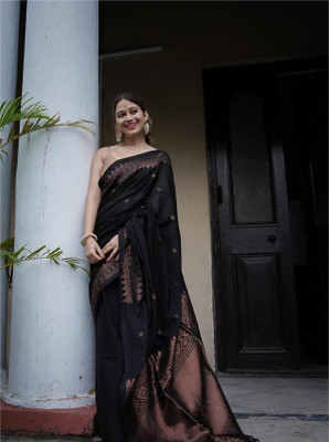 OTFIT PRIVATE LIMITED Floral Print, Self Design Banarasi Silk Blend Saree(Black)