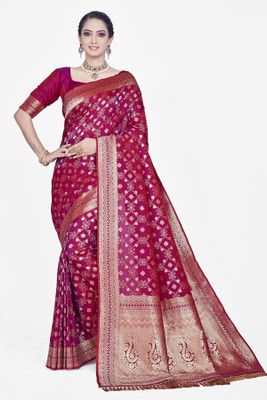 AAGIRI Applique, Dyed, Embellished, Floral Print, Self Design, Woven Banarasi Pure Silk, Jacquard Saree(Purple)