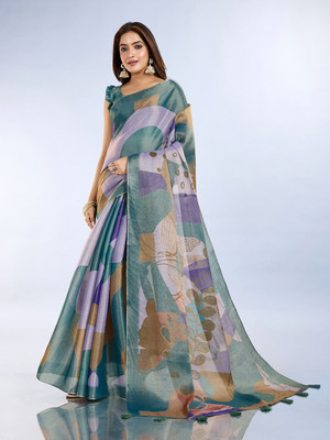 TRINETRA STUDIO Digital Print, Floral Print, Geometric Print, Printed Bollywood Silk Blend Saree(Blue)