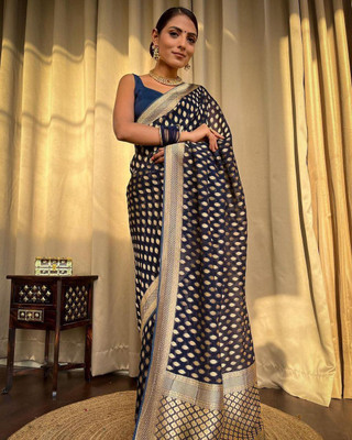 hitesh pahuja Self Design Banarasi Silk Blend Saree(Blue)