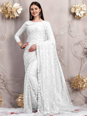 NEXA Printed Banarasi Lycra Blend Saree(White)