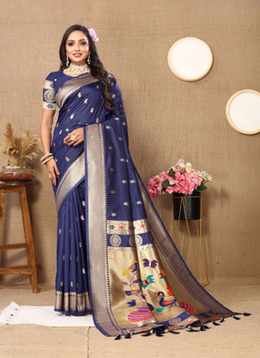 LeeliPeeri Designer Printed Paithani Cotton Silk Saree(Dark Blue)