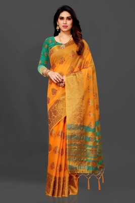 MAANVIT Self Design Kanjivaram Pure Cotton, Cotton Silk Saree(Orange, Light Green)