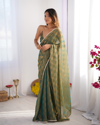 Tasrika Checkered Bollywood Chiffon Saree(Green)