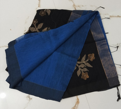 PREOSY Solid/Plain Kasavu Cotton Silk Saree(Dark Blue)