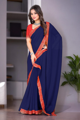 Kasumbo Tex Solid/Plain Banarasi Georgette Saree(Blue)
