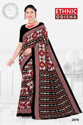 ETHNIC SAREES Bharat Printed, Checkered, Graphic Print Sambalpuri Pure Cotton Saree(Black)