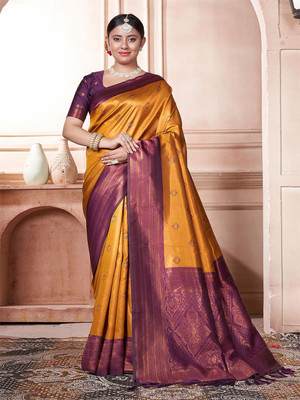 ANOUK Woven Kanjivaram Silk Blend Saree(Gold)