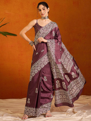 Anouk Rustic Printed Daily Wear Cotton Blend Saree(Purple)