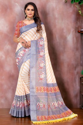 Raghav Silk Studio Digital Print, Self Design, Woven Bollywood Cotton Linen Saree(Multicolor)
