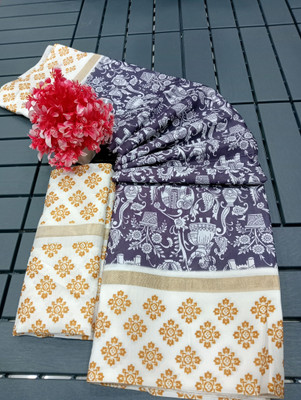 PRTRENDZ Floral Print Kanjivaram Pure Silk, Cotton Silk Saree(Blue)