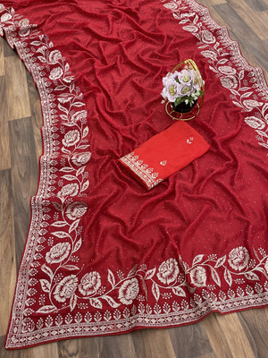 DEV SHREE SILK Embroidered, Embellished Bollywood Chiffon Saree(Red)