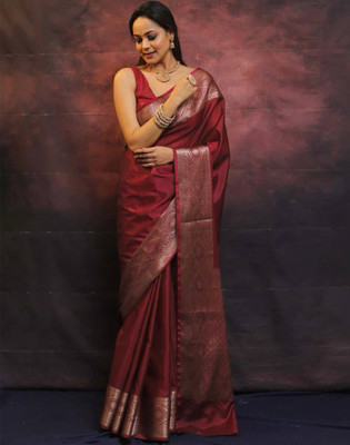 Samah Woven, Embellished Banarasi Silk Blend, Jacquard Saree(Maroon)