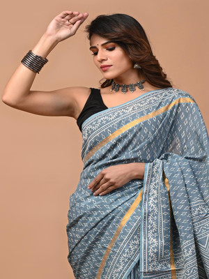 Taavi Printed Daily Wear Cotton Blend Saree(Blue)