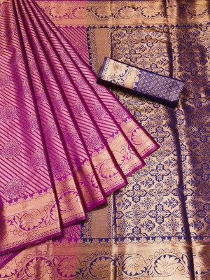 Saaransh Self Design, Temple Border, Woven Kanjivaram Pure Silk, Art Silk Saree(Magenta)