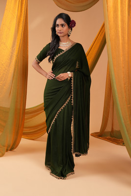 Desidolls enterprise Solid/Plain Bollywood Pure Silk Saree(Dark Green)
