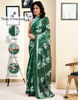 Samah Floral Print, Geometric Print, Printed Daily Wear Pure Cotton Saree(Green, White)