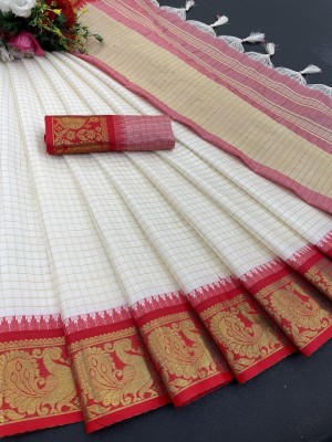 Apnisha Checkered Kanjivaram Cotton Silk Saree(Red)