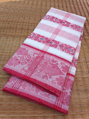 Happy Creation Woven, Floral Print, Geometric Print, Striped Tant Cotton Blend Saree(White, Red)