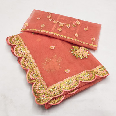 Radheradhey Embroidered, Floral Print Bollywood Net Saree(Orange)