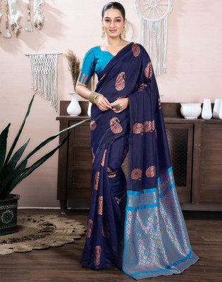Samah Woven, Embellished Banarasi Silk Blend, Jacquard Saree(Blue)
