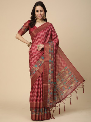 RATAN Printed Saree with Attached Blouse Art Silk Saree(Red)