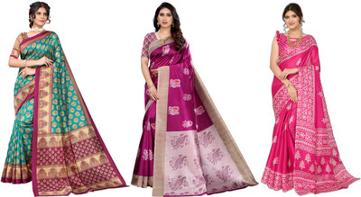 Nirvaan Printed Daily Wear Art Silk Saree(Pack of 3, Blue, Purple, Pink)