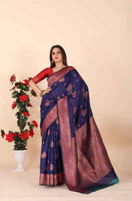 Anahant Creation Self Design Banarasi Silk Blend Saree(Dark Blue)