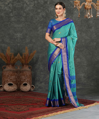SIRIL Woven, Embellished Banarasi Silk Blend, Jacquard Saree(Light Blue, Dark Blue)