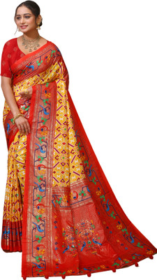 DORI DHAGA Printed Patola Pure Silk Saree(Yellow, Red)