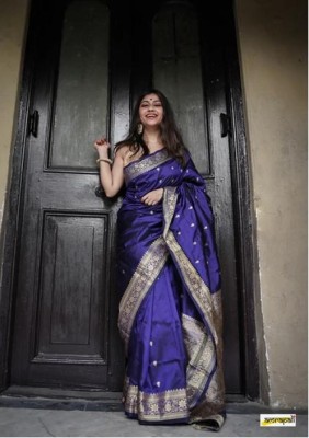 sheladiya Printed Banarasi Cotton Silk Saree(Blue)