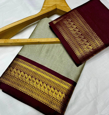 looknchoice Woven, Solid/Plain Banarasi Cotton Silk Saree(Cream, Maroon)