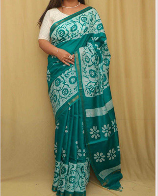 Luxury Silk Printed, Floral Print Hand Batik Handloom Cotton Blend Saree(Green)