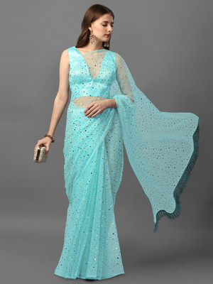 color bucket Polka Print Bollywood Net Saree(Light Blue)