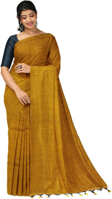 Sampa Das Solid/Plain, Self Design, Color Block Bollywood Pure Cotton Saree(Yellow)