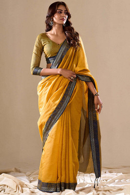 Divastri Solid/Plain Patola Cotton Silk Saree(Yellow)