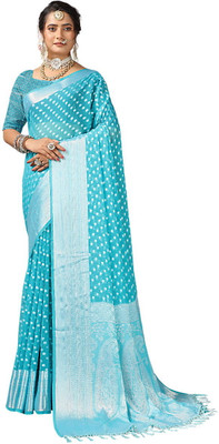 Virendra Textiles Woven Banarasi Silk Blend Saree(Blue)